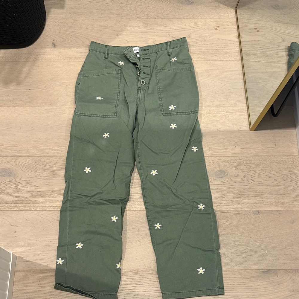 pistola Olive Green Embroidered Daisy Cropped Pants
